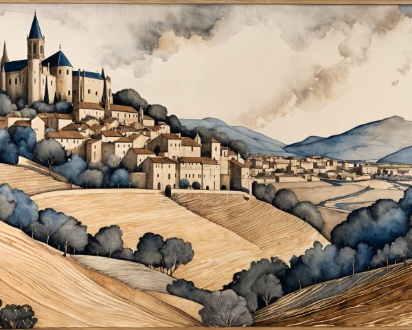 Serene Landscape of Village with Church and Hills