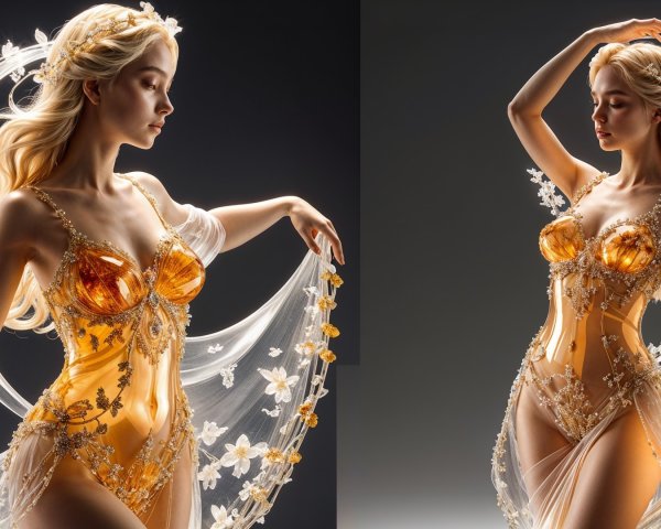 Elegant Model in Orange and Gold Floral Bodysuit