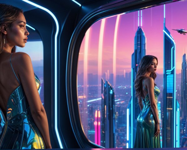 Futuristic Cityscape with Woman in Reflective Dress