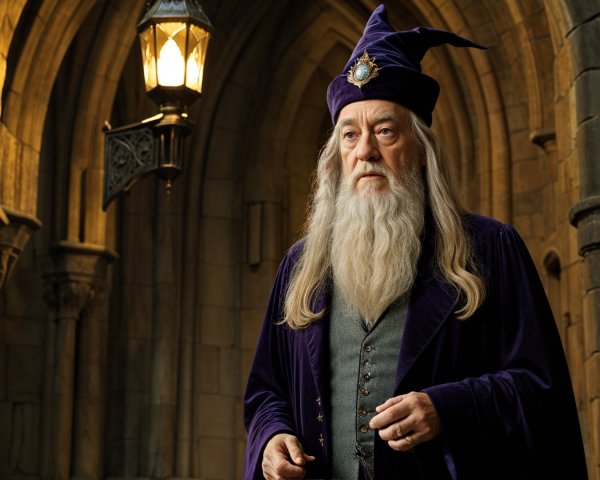 Elderly wizard in grand stone corridor with lantern