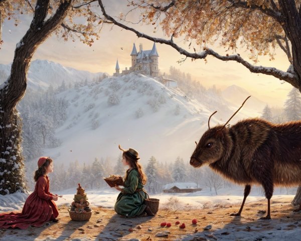 Snowy Landscape with Girls, Deer Creature, and Castle