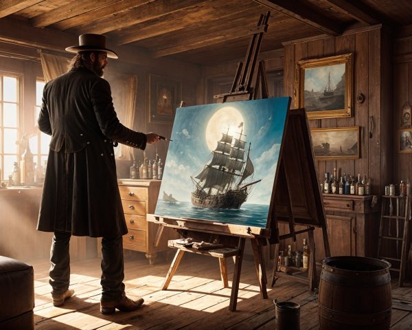 Artist Painting Ship in Vintage Decorated Studio