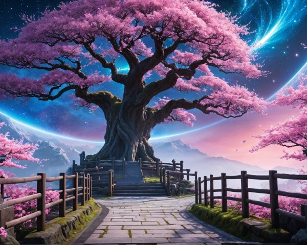 Ancient tree with pink blossoms in cosmic setting