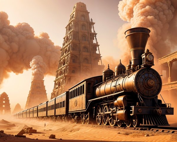 Steam Locomotive in Desert Landscape with Ruins