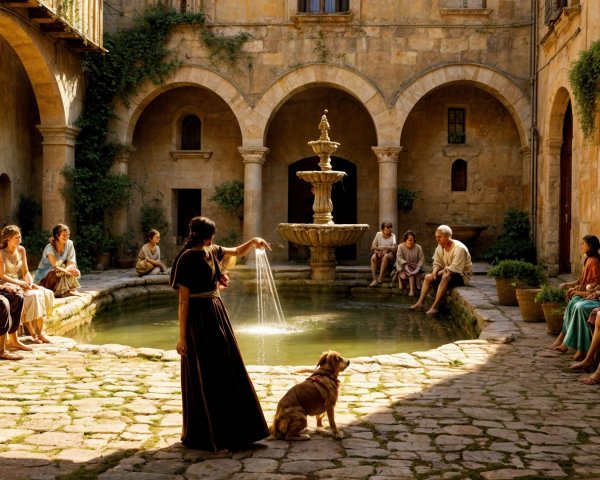 Sunlit Courtyard with Fountain and Gathering Individuals