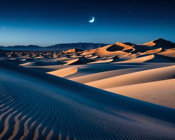 Desert Landscape at Twilight with Crescent Moon and Stars