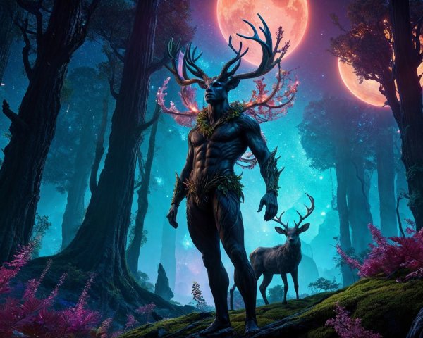Muscular Humanoid with Antlers in Mystical Forest