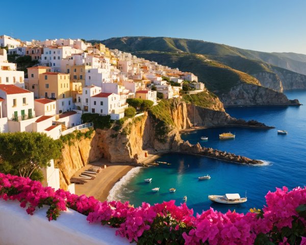 Coastal Village with Whitewashed Buildings and Bougainvillea