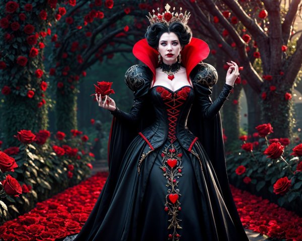 Regal Figure in Elegant Gown Among Lush Garden