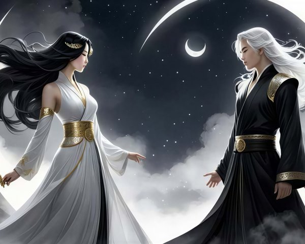 Two Individuals in Traditional Attire Under Crescent Moons