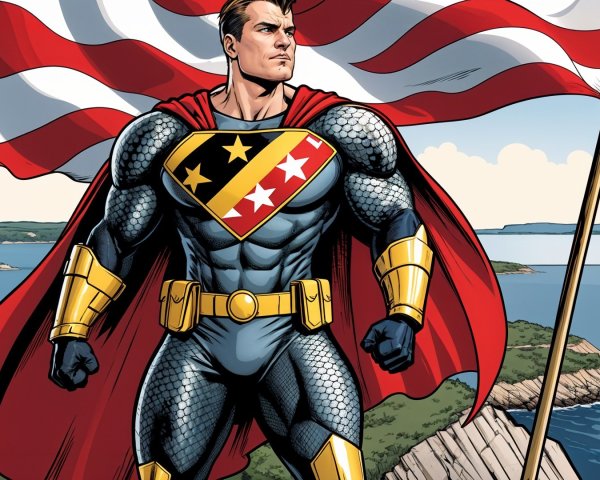 Superhero with Flag on Rocky Outcrop by Coastline