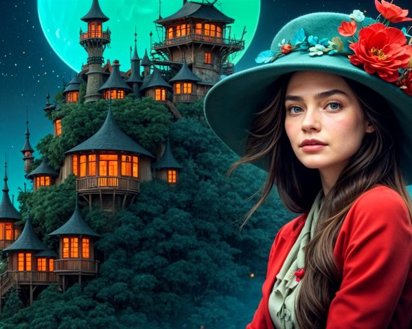 Young Woman in Stylish Hat Against Mountain Landscape