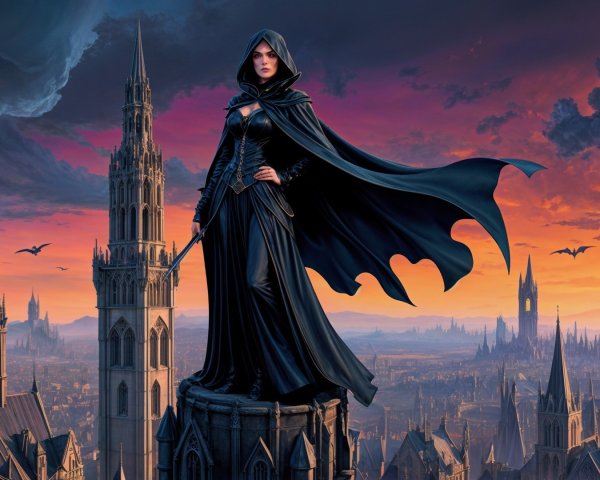 Cloaked Figure Overlooks Gothic City at Sunset