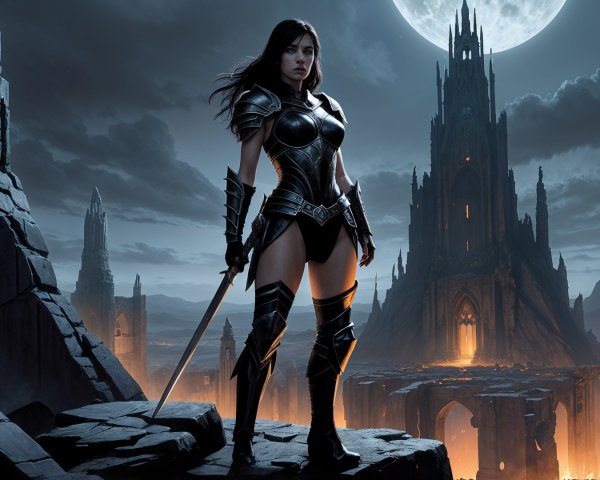 Warrior in Dark Armor on Rocky Outcrop at Night