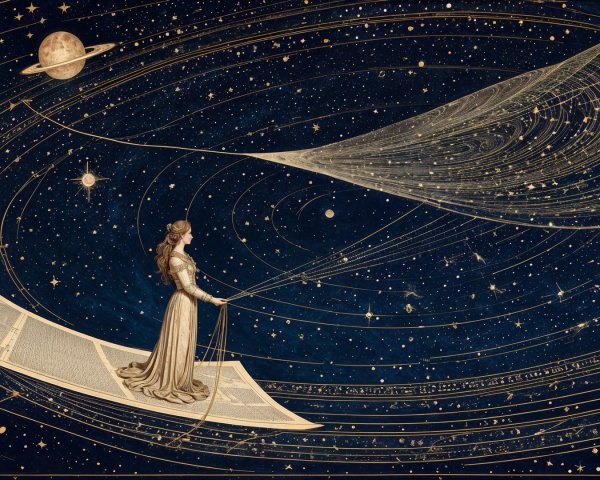 Elegant figure on a book in a starry cosmos