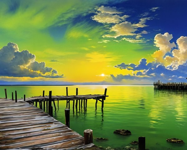 Waterfront Scene with Pier and Rustic Cabin at Sunset