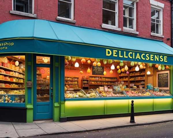 Vibrant Delicatessen with Turquoise Awning and Signage