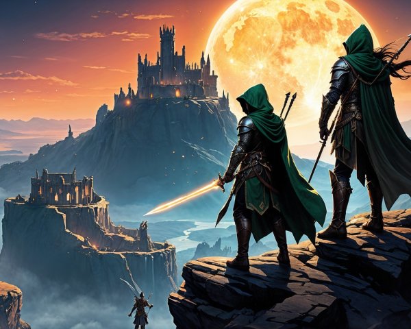 Hooded Figures on Ledge Overlooking Mystical Landscape