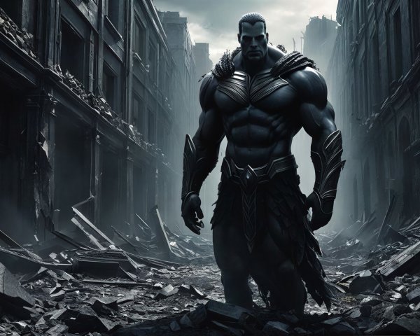 Muscular Male Character in Devastated Cityscape