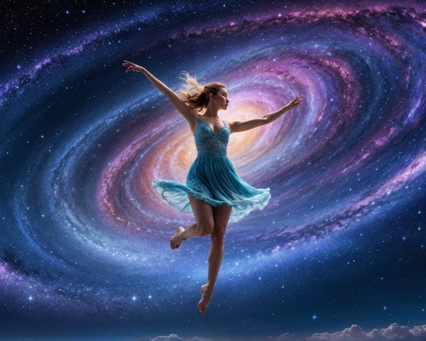 Dancer in Flowing Dress Against Cosmic Galaxy Backdrop