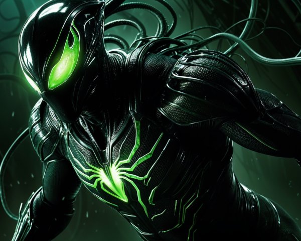 Futuristic superhero in a black suit with green emblem