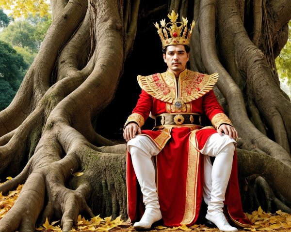 Regal Figure in Ornate Robe Under Autumn Tree