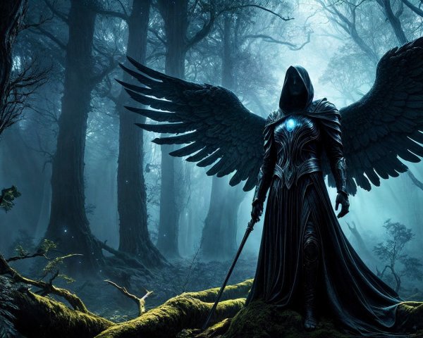 Dark Cloaked Figure with Wings in Mystical Forest