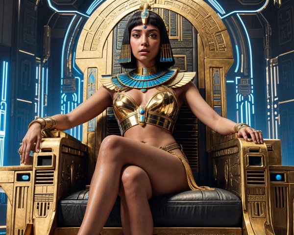 Regal Figure on Ornate Throne with Futuristic Lighting