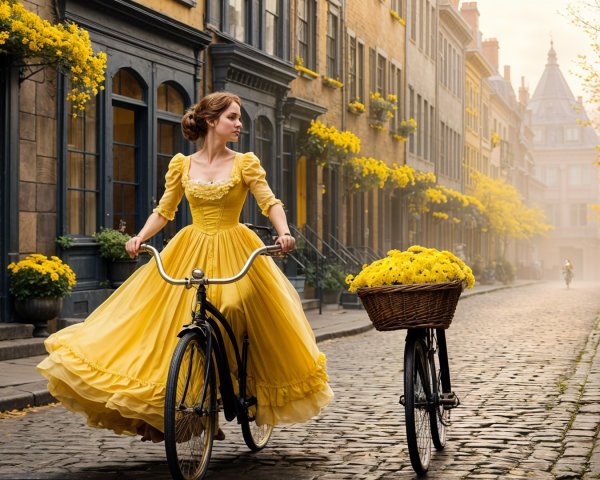 Woman in Yellow Gown on Vintage Bicycle in Cobblestone Street