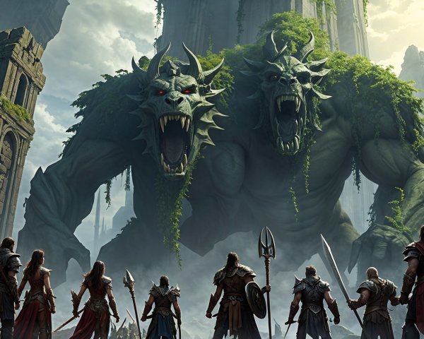 Two-Headed Creature in Fantasy Landscape with Warriors