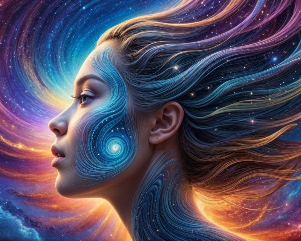 Portrait of a woman with cosmic hair and galaxy background
