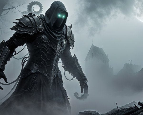 Cloaked Figure in Foggy Landscape with Green Eyes