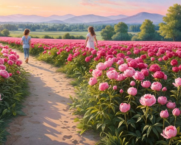 Children Walking Through a Field of Blooming Peonies