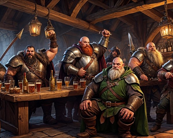 Dwarves Celebrating in a Rustic Tavern Setting
