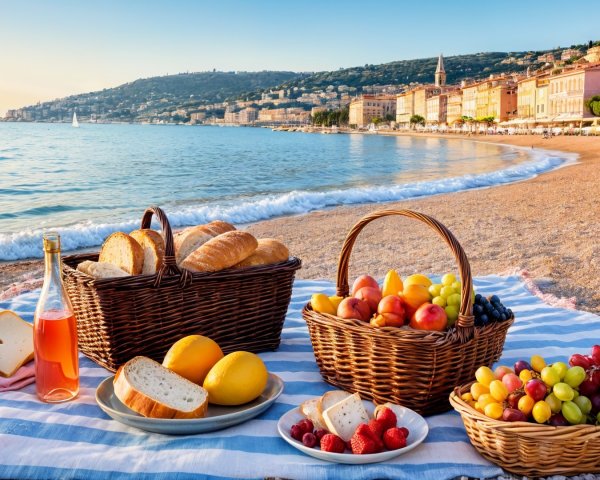 Beach Picnic at Sunset with Fruits and Baskets