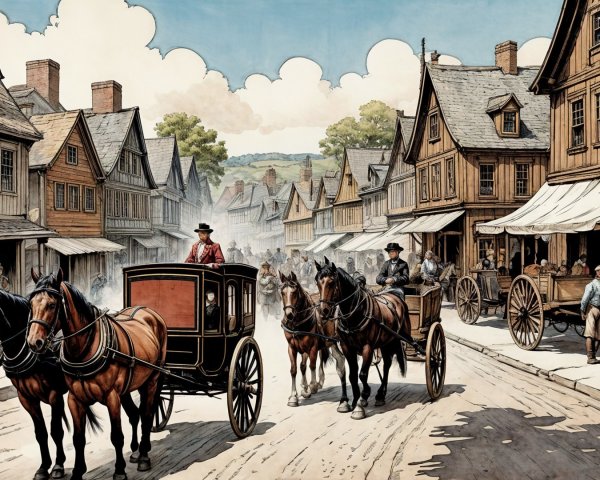 19th-Century Town Street with Horse-Drawn Carriages