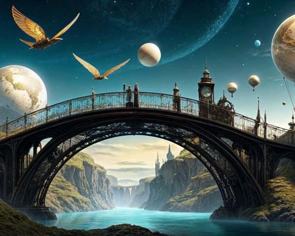 Fantastical Landscape with Bridge and Cosmic Elements
