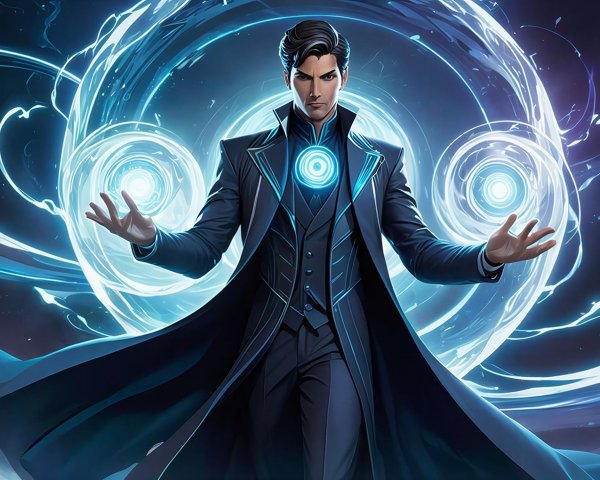 Dark-haired man in blue coat performing magic with light
