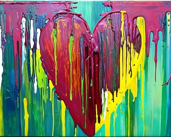 Vibrant Abstract Painting with Dripping Heart Shape