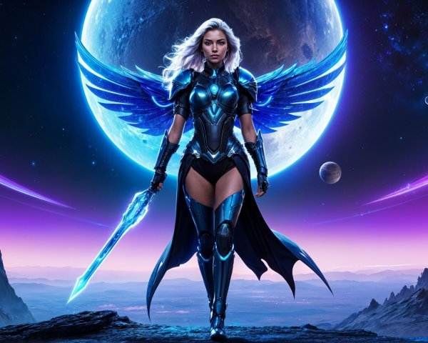 Fierce warrior in metallic armor in cosmic landscape