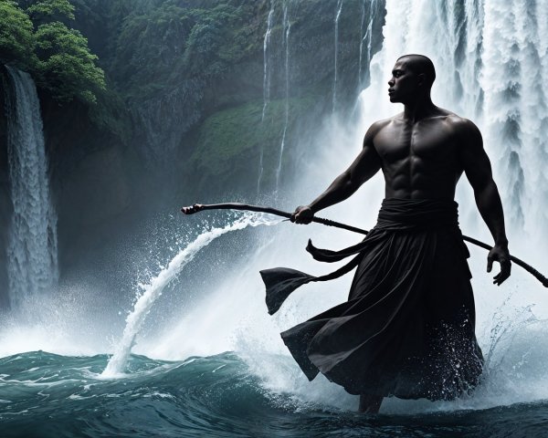 Muscular Figure with Staff in Vibrant Waterfall Scene