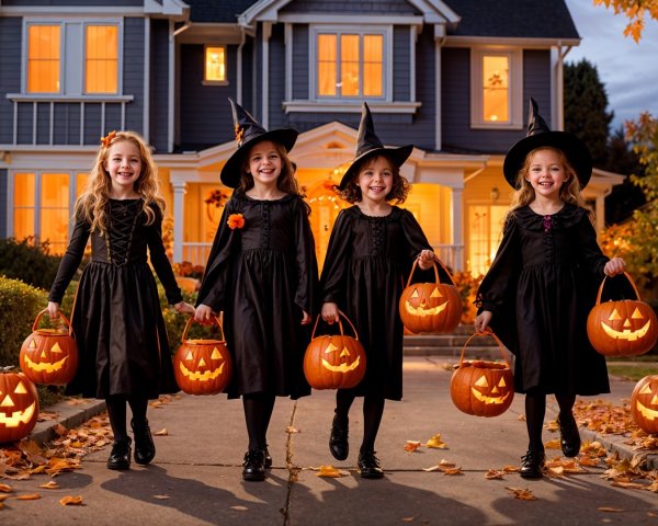 Young girls in witch costumes with glowing pumpkins