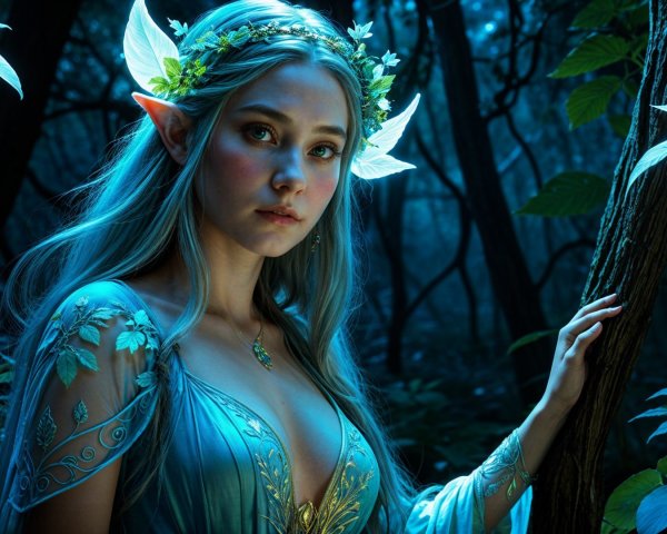 Elven Figure in Mystical Forest with Ethereal Wings