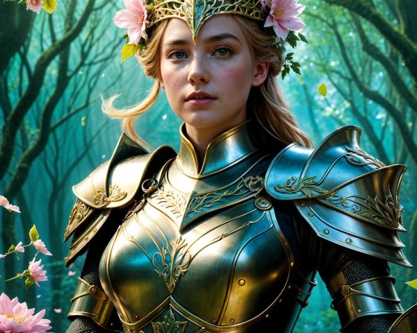 Regal warrior woman in enchanted forest with lotus flowers