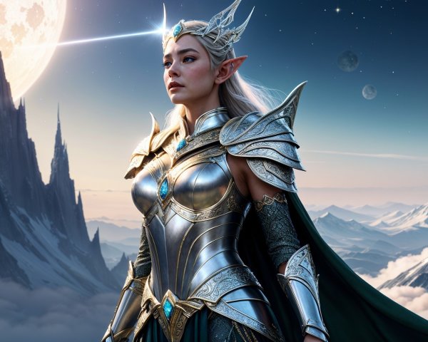 Regal elf warrior in silver armor against mystical landscape