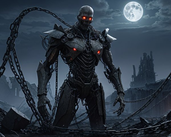 Cyborg in Dystopian Landscape Under Full Moon