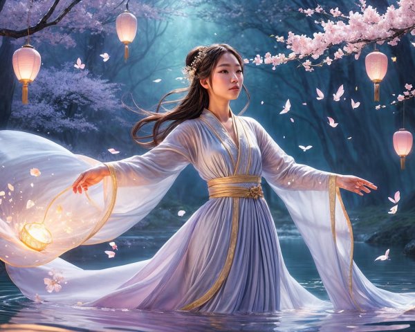 Tranquil Pond Scene with Ethereal Figure and Lanterns