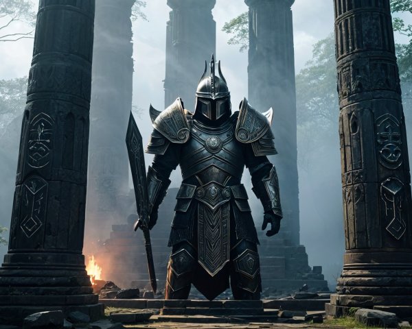 Knight in Armor Among Ancient Pillars and Mist