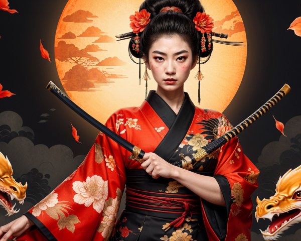 Fierce Woman in Red Kimono with Katana and Dragons