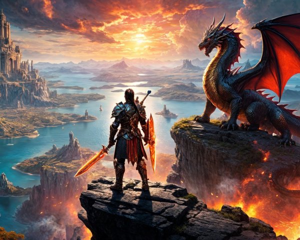 Warrior with Sword and Dragon Overlooking Scenic Landscape